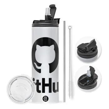 GitHub, Travel Tumbler 2 Lids, with metal straw & cleaning brush (Stainless steel 304 Food grade, BPA free, 600ml)