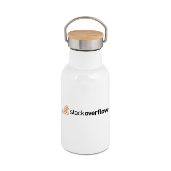 StackOverflow, Μεταλλικό παγούρι θερμός (Stainless steel) Λευκό με ξύλινο καπακι (bamboo), διπλού τοιχώματος, 350ml