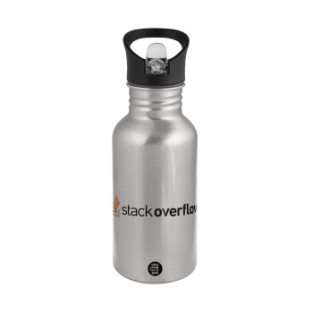 StackOverflow, Water bottle Silver with straw, stainless steel 500ml