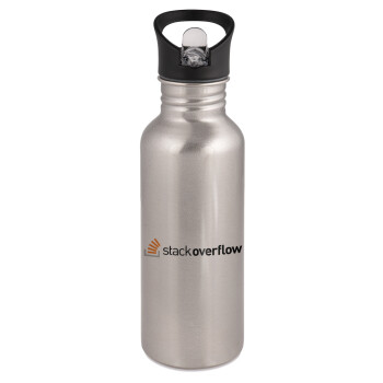 StackOverflow, Water bottle Silver with straw, stainless steel 600ml