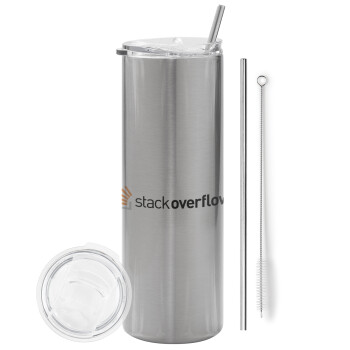 StackOverflow, Eco friendly ποτήρι θερμό Ασημένιο (tumbler) από ανοξείδωτο ατσάλι 600ml, με μεταλλικό καλαμάκι & βούρτσα καθαρισμού