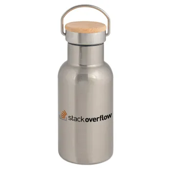 StackOverflow, Stainless steel metallic thermos flask, silver with a bamboo lid, double-walled, 350ml.