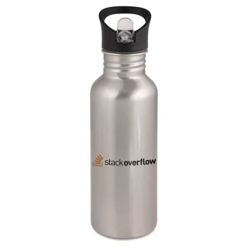 StackOverflow, Water bottle Silver with straw, stainless steel 600ml