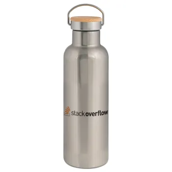 StackOverflow, Μεταλλικό παγούρι θερμός (Stainless steel) Ασημένιο με ξύλινο καπακι (bamboo), διπλού τοιχώματος, 750ml