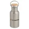 Stainless steel metallic thermos flask, silver with a bamboo lid, double-walled, 350ml.