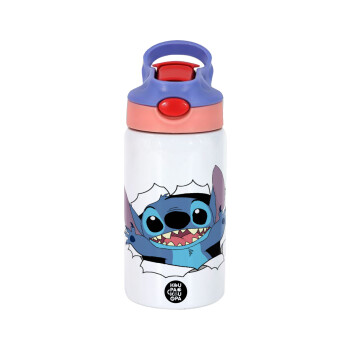 Stitch hello!!!, Children's hot water bottle, stainless steel, with safety straw, pink/purple (350ml)