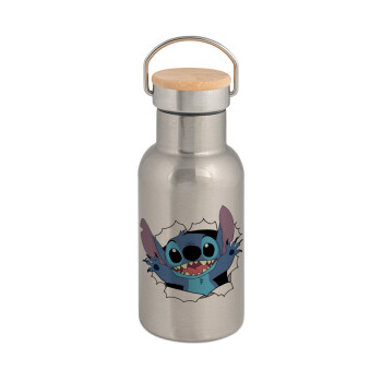 Stitch hello!!!, Stainless steel metallic thermos flask, silver with a bamboo lid, double-walled, 350ml.
