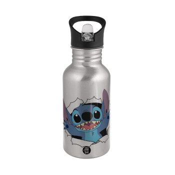 Stitch hello!!!, Water bottle Silver with straw, stainless steel 500ml