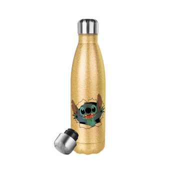 Stitch hello!!!, Μεταλλικό παγούρι θερμός Glitter χρυσό (Stainless steel), διπλού τοιχώματος, 500ml