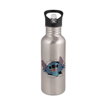 Stitch hello!!!, Water bottle Silver with straw, stainless steel 600ml