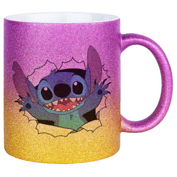 Stitch hello!!!, Κούπα Χρυσή/Ροζ Glitter, κεραμική, 330ml