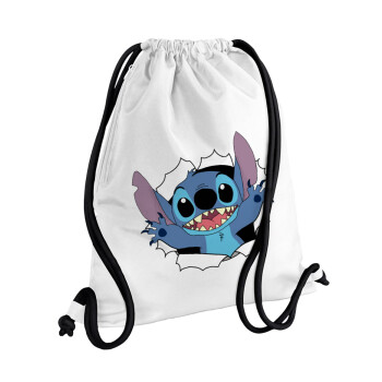 Stitch hello!!!, Τσάντα πλάτης πουγκί GYMBAG λευκή, με τσέπη (40x48cm) & χονδρά κορδόνια
