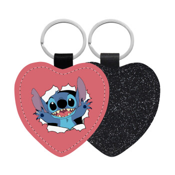 Stitch hello!!!, Μπρελόκ PU δερμάτινο glitter καρδιά ΜΑΥΡΟ