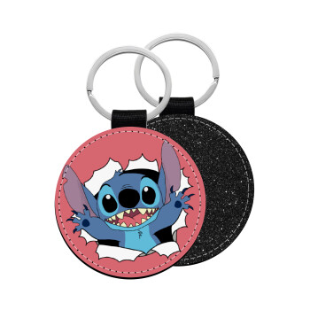 Stitch hello!!!, Μπρελόκ Δερματίνη, στρογγυλό ΜΑΥΡΟ (5cm)
