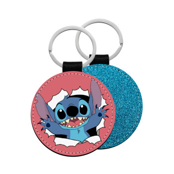 Stitch hello!!!, Μπρελόκ Δερματίνη, στρογγυλό ΜΠΛΕ (5cm)