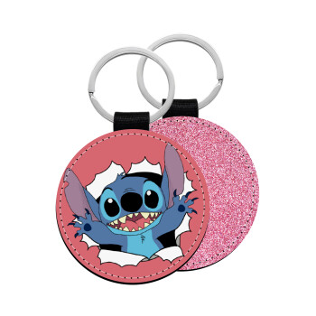 Stitch hello!!!, Μπρελόκ Δερματίνη, στρογγυλό ΡΟΖ (5cm)