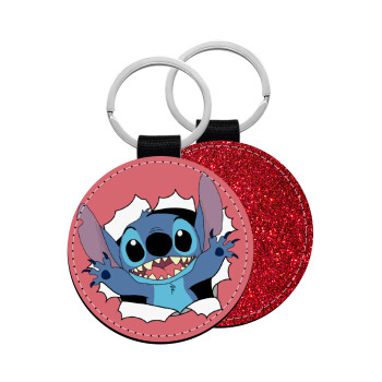 Stitch hello!!!, Μπρελόκ Δερματίνη, στρογγυλό ΚΟΚΚΙΝΟ (5cm)