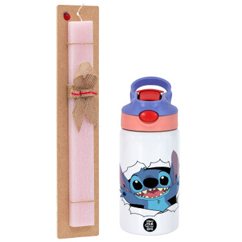 Stitch hello!!!, Easter Set, Children's thermal stainless steel water bottle with safety straw, pink/purple (350ml) & Easter scented flat candle (30cm) (PINK)