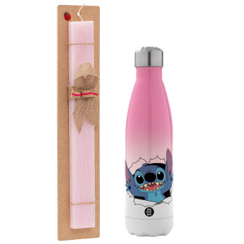 Stitch hello!!!, Easter Set, Metallic pink/white (Stainless steel) thermos, double-walled, 500ml & aromatic flat Easter candle (30cm) (PINK)