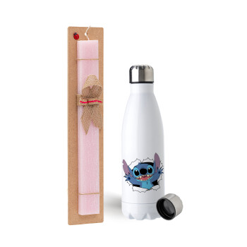 Stitch hello!!!, Easter Set, metallic stainless steel water bottle (750ml) & scented flat Easter candle (30cm) (PINK)