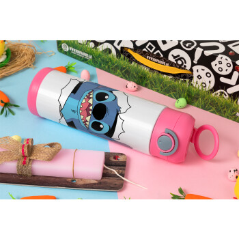 Stitch hello!!!, Easter candle, Childrens hot water bottle, stainless steel, with safety straw, PINK (500ml)