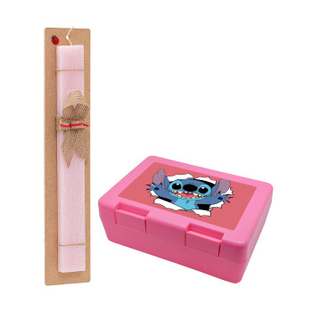 Stitch hello!!!, Easter Set, children's snack container PINK & scented flat Easter candle (30cm) (PINK)