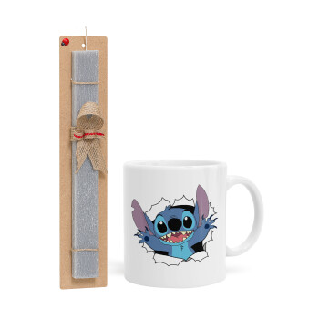 Stitch hello!!!, Easter Set, Ceramic Cup (330ml) & Easter aromatic flat candle (30cm) (GRAY)