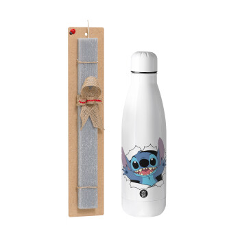 Stitch hello!!!, Easter Set, metallic stainless thermos bottle (500ml) & scented flat Easter candle (30cm) (GRAY)