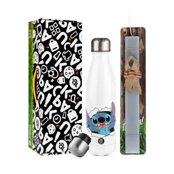 Stitch hello!!!, Easter candle, metallic white thermos bottle (500ml) & aromatic flat candle (30cm) (GRAY)