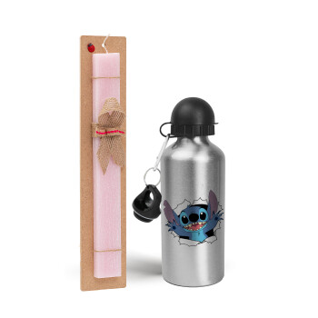 Stitch hello!!!, Easter Set, metallic Silver aluminum water bottle (500ml) & scented flat Easter candle (30cm) (PINK)
