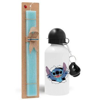 Stitch hello!!!, Easter Set, metallic aluminum water bottle (500ml) & scented flat candle (30cm) (TURQUOISE)