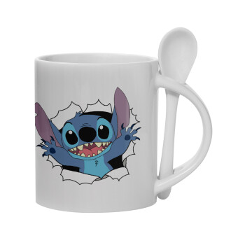 Stitch hello!!!, Ceramic coffee mug with Spoon, 330ml (1pcs)