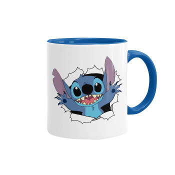Stitch hello!!!, Κούπα χρωματιστή μπλε, κεραμική, 330ml