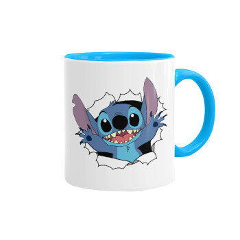 Stitch hello!!!, Κούπα χρωματιστή γαλάζια, κεραμική, 330ml