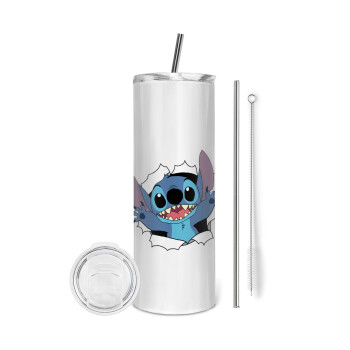 Stitch hello!!!, Eco friendly stainless steel tumbler 600ml, with metal straw & cleaning brush