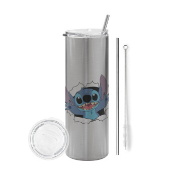 Stitch hello!!!, Tumbler stainless steel Silver 600ml, with metal straw & cleaning brush