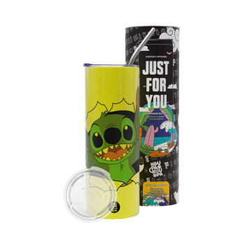 Stitch hello!!!, Neon Yellow Travel Tumbler, with metal straw (Stainless steel 304 Food grade, BPA free, 600ml)