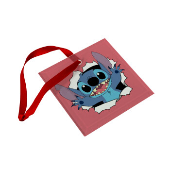 Stitch hello!!!, Στολίδι Χριστουγεννιάτικο στολίδι γυάλινο τετράγωνο 9x9cm