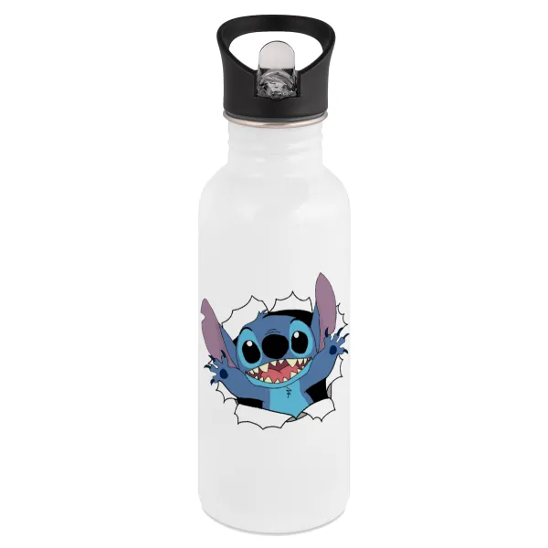 Stitch hello!!! — Παγούρι νερού Λευκό με καλαμάκι, ανοξείδωτο ατσάλι 600ml