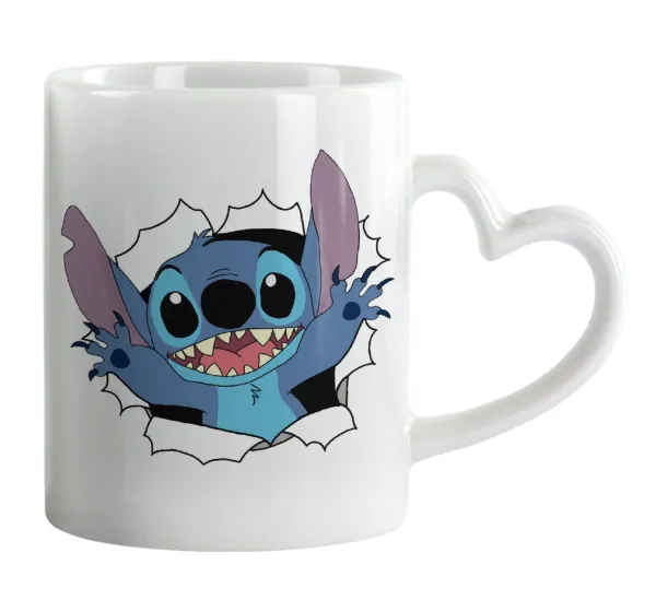 Stitch hello!!! — Κούπα καρδιά χερούλι λευκή, κεραμική, 330ml