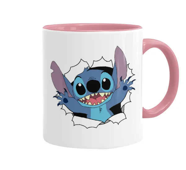 Stitch hello!!! — Κούπα χρωματιστή ροζ, κεραμική, 330ml