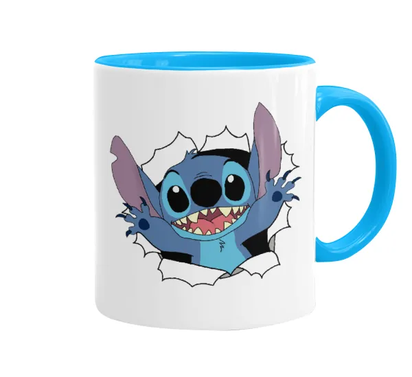 Stitch hello!!! — Κούπα χρωματιστή γαλάζια, κεραμική, 330ml
