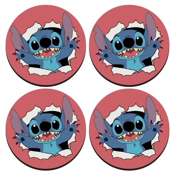 Stitch hello!!! — ΣΕΤ 4 Σουβέρ ξύλινα στρογγυλά (9cm)