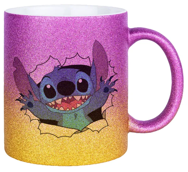Stitch hello!!! — Κούπα Χρυσή/Ροζ Glitter, κεραμική, 330ml