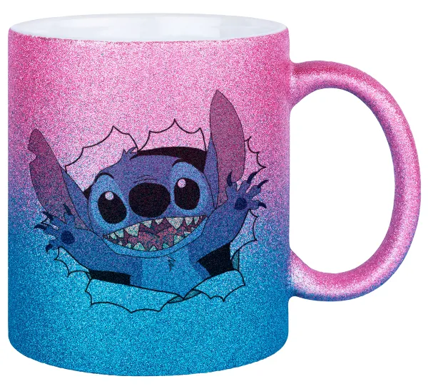 Stitch hello!!! — Κούπα Χρυσή/Μπλε Glitter, κεραμική, 330ml