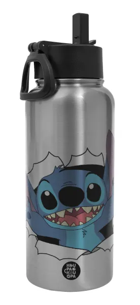 Stitch hello!!! — Metal mug thermo Silver with Straw and Spout Lid (Stainless steel), double wall, 950ml