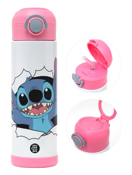 Stitch hello!!! — Παιδικό παγούρι θερμό, ανοξείδωτο, με καλαμάκι ασφαλείας, ΡΟΖ (500ml)