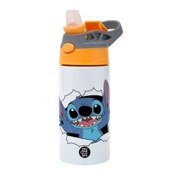 Stitch hello!!!, Παιδικό παγούρι θερμό, ανοξείδωτο, με καλαμάκι ασφαλείας, Πορτοκαλί/Γκρι (360ml) BPA-FREE