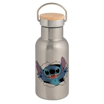 Stitch hello!!!, Stainless steel metallic thermos flask, silver with a bamboo lid, double-walled, 350ml.