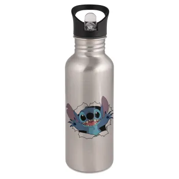 Stitch hello!!!, Water bottle Silver with straw, stainless steel 600ml